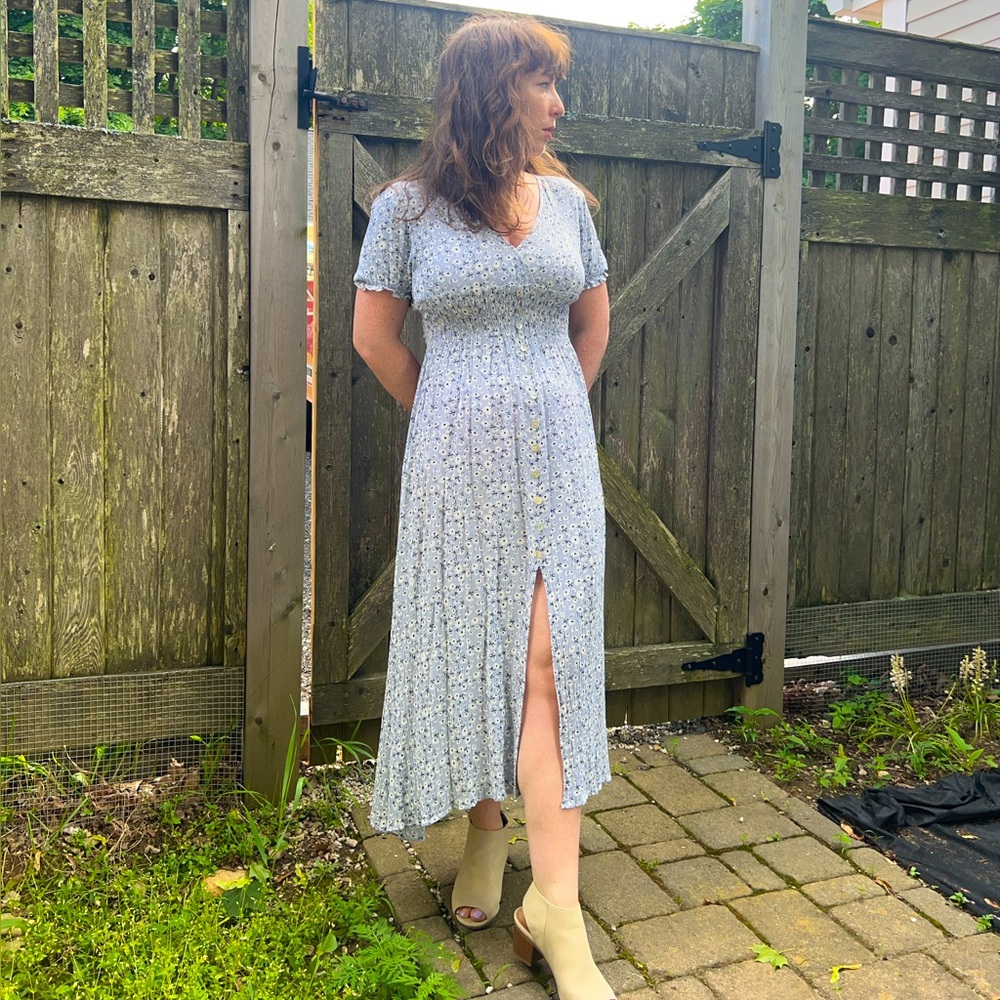 Floral Midi Sundress with Short Sleeves and Buttons Down the Front